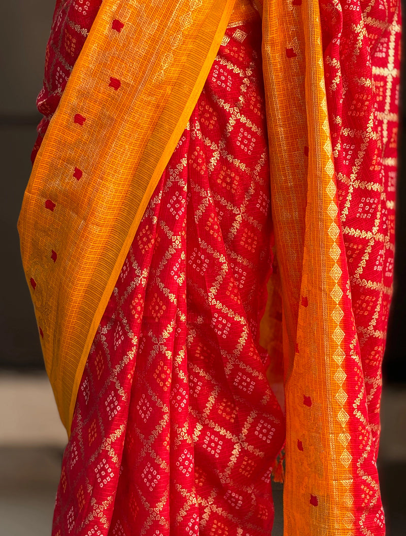 trueBrowns Red Kota Bandhani Saree With Unstitched Blouse