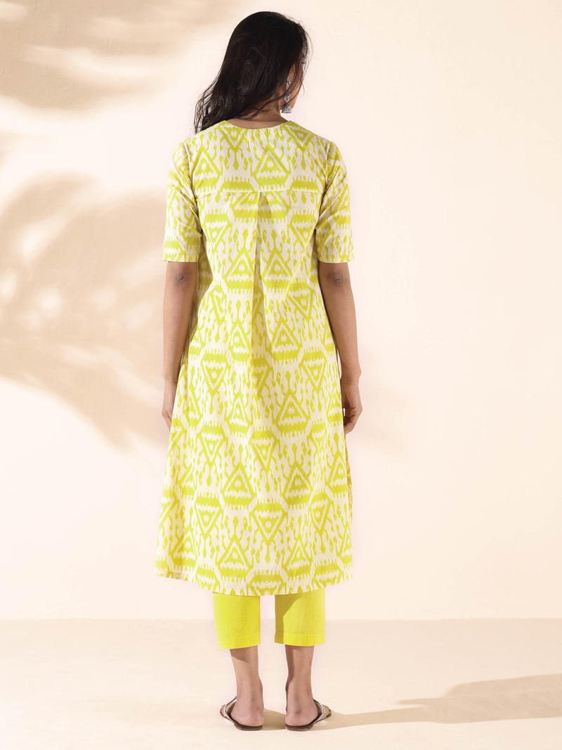 trueBrowns Lime Cotton Ikat Kurta Pant Set