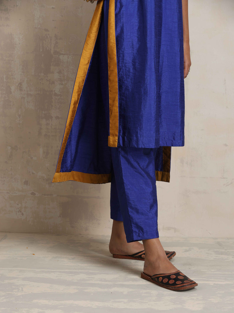 trueBrowns Blue Silk High Slit Kurta Set