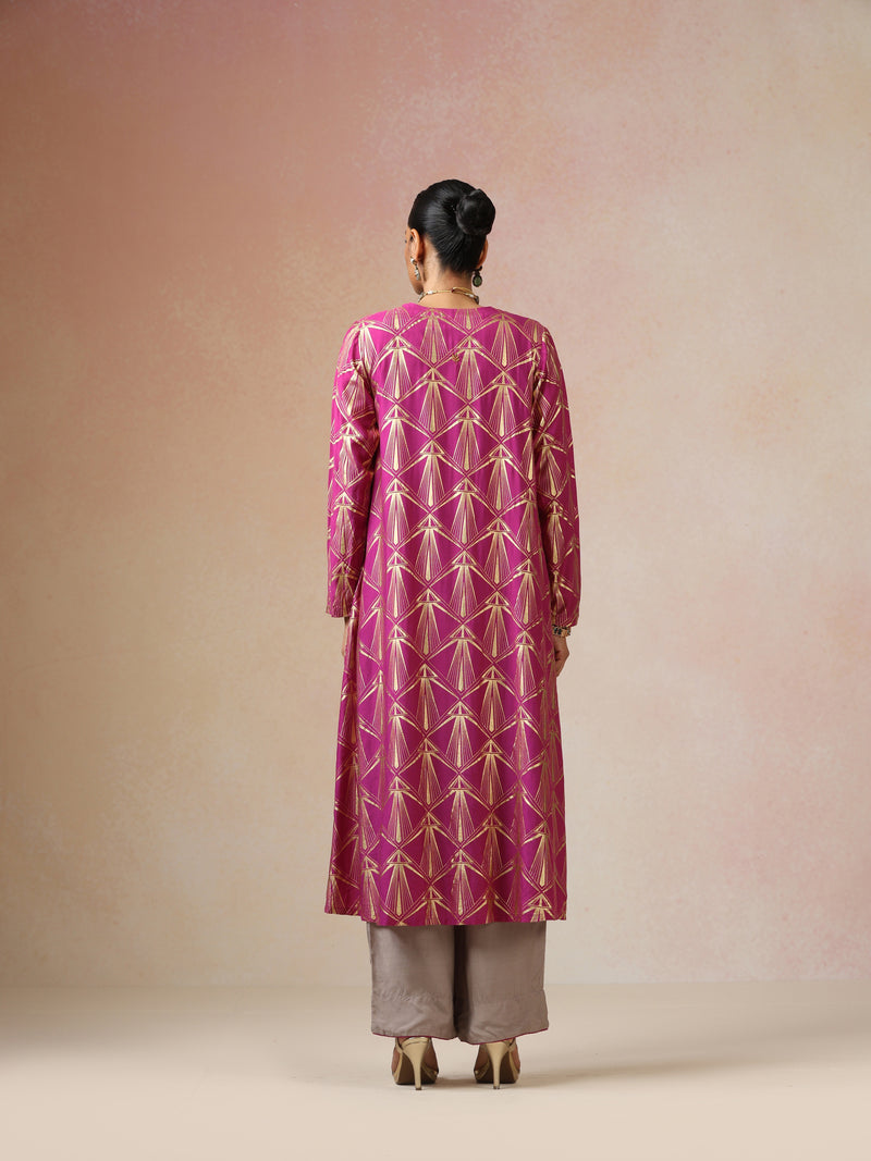 trueBrowns Grey and Pink Gold Foil Print Muslin Silk Jacket Set