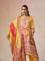 trueBrowns Yellow Print A-Line Kurta 3pc Set