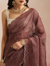 trueBrowns Copper Zari Jaal Embroidered Saree With Unstitched Blouse