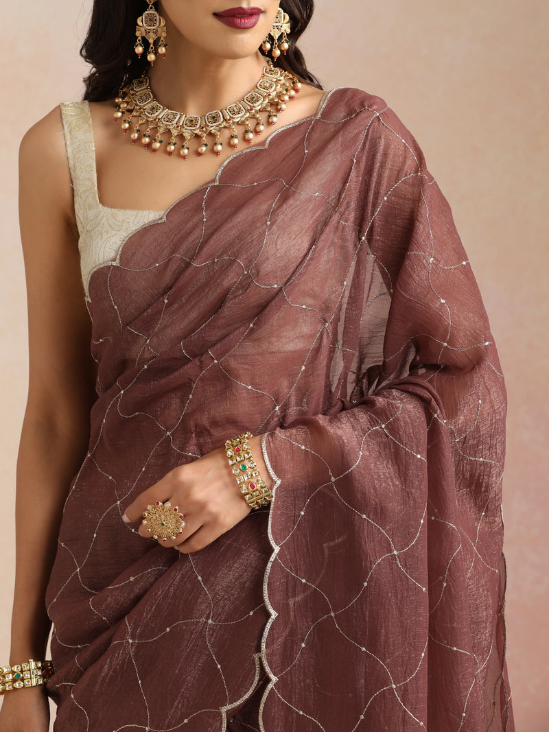 trueBrowns Copper Zari Jaal Embroidered Saree With Unstitched Blouse