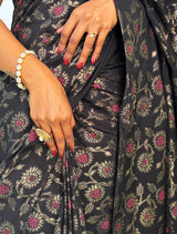 trueBrowns Black Foil Print Saree With Unstitched Blouse