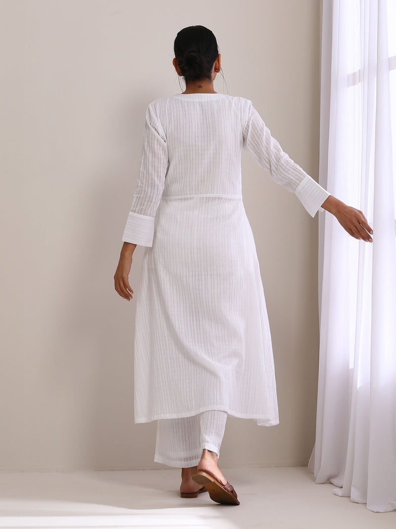 White Dobby Angrakha Kurta Pant Set