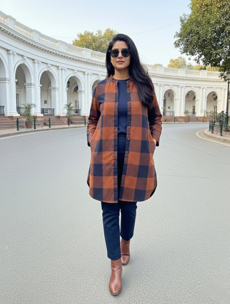trueBrowns Brown Check Shirt Kurta