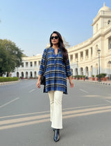 trueBrowns Blue Check Round V-Neck Top