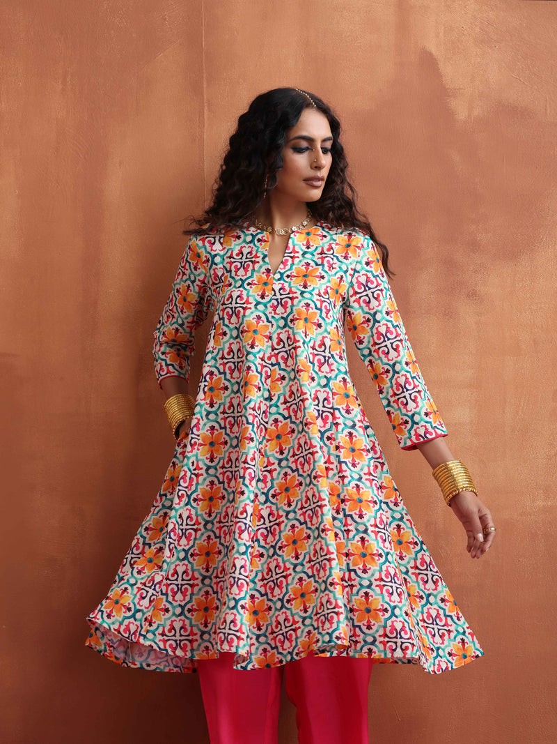 trueBrowns Off White Print Flared Anarkali Kurta Co-ord Set