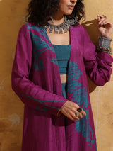 trueBrowns Purple Teal Print Muslin Silk Jacket Set