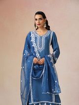 trueBrowns Blue Embroidered Round Neck Straight Kurta 3pc Set