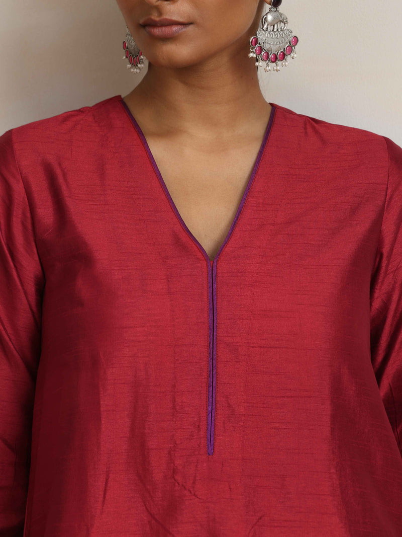 trueBrowns Red Silk Kurta Set