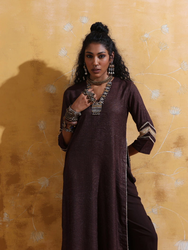 trueBrowns Brown Metallic High-Slit Straight Kurta Set