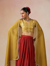 trueBrowns Mustard Gold Foil Print Muslin Silk Blouse Skirt Dupatta Set
