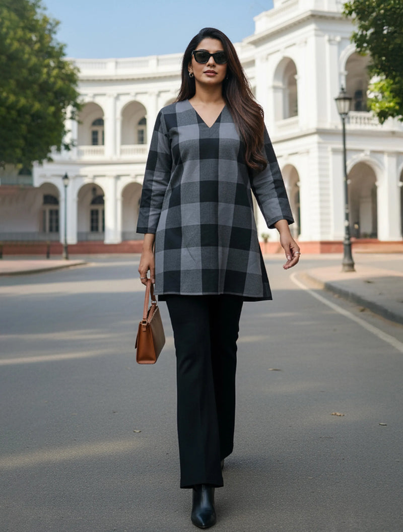 trueBrowns Black Check High Slit Kurta