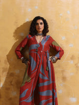 trueBrowns Rust Red Green Floral Print Muslin Silk Angrakha Kurta Set