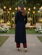 trueBrowns Navy Velvet High-Slit Kurta