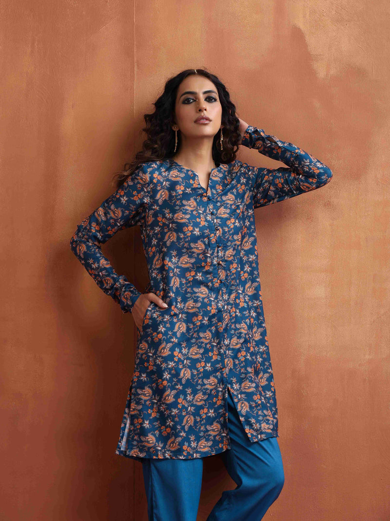 trueBrowns Blue Print Kurta Co-ord Set