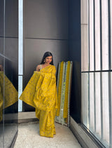 trueBrowns Lime Foil Print Saree With Unstitched Blouse