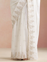 trueBrowns Ivory All Over Zari Embroidered Saree With Unstitched Blouse