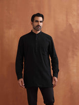 trueBrowns Men's Black Textured Cotton Dobby Short Kurta