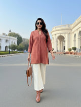 trueBrowns Maroon Check Round V-Neck Top