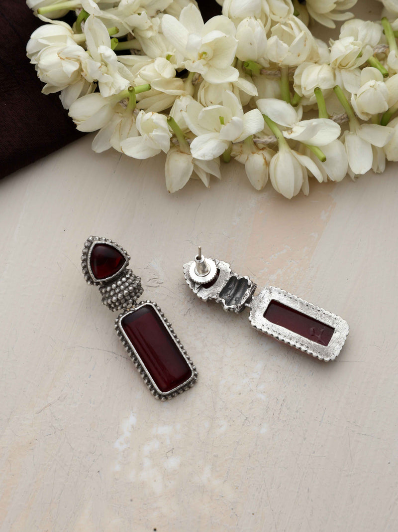trueBrowns Silver tone Red Stone Drop Earrings