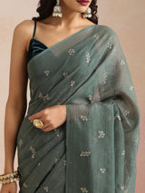 trueBrowns Turquoise All Over Embroidered Saree With Unstitched Blouse