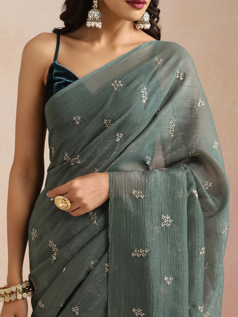trueBrowns Turquoise All Over Embroidered Saree With Unstitched Blouse