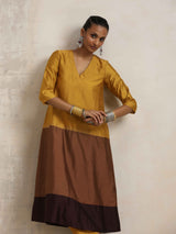 trueBrowns Gold Brown Silk A-line Kurta Set