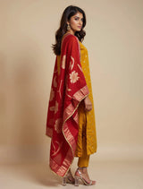 trueBrowns Yellow Jacquard Straight Kurta Pant Dupatta Set