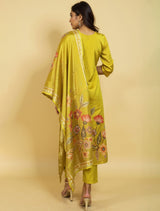 trueBrowns Green Floral V-Neck Emb Straight Kurta Pant Dupatta Set