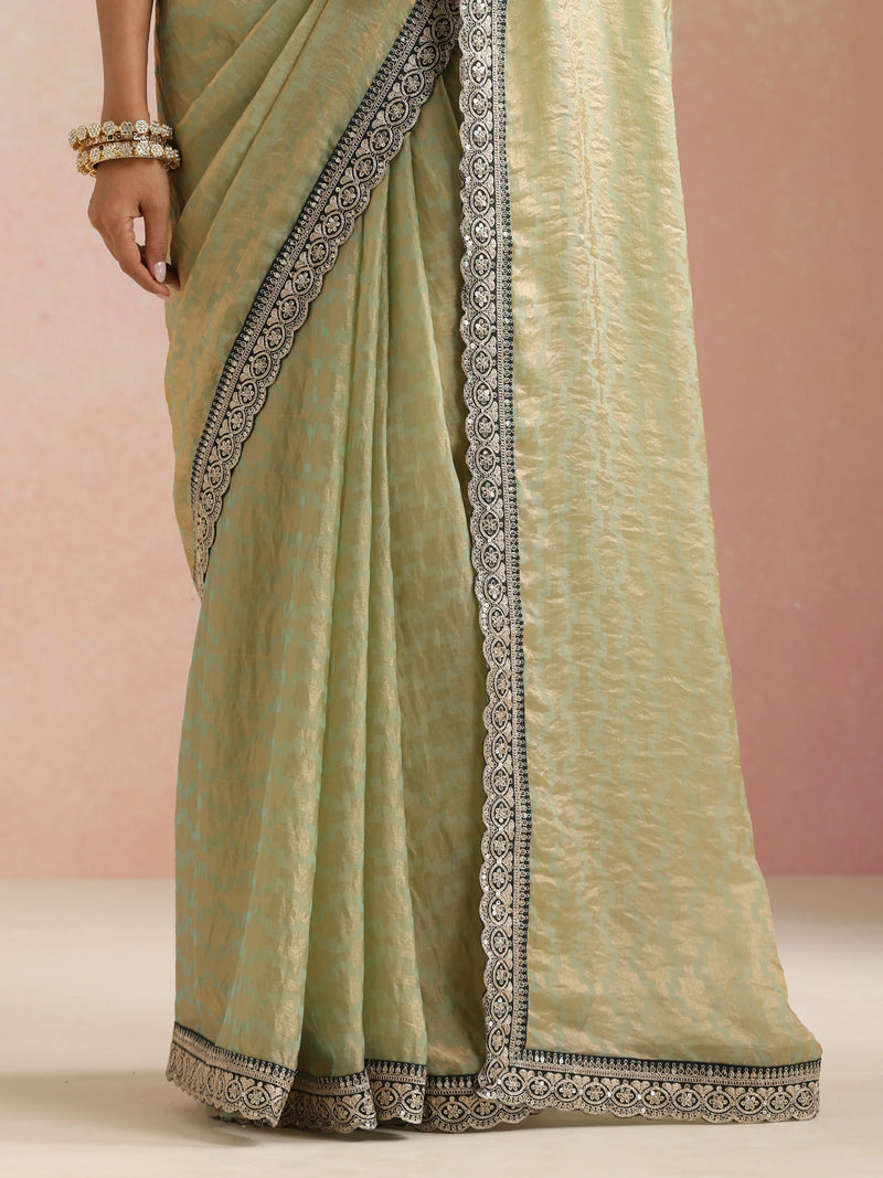 trueBrowns Green Geometric Weave Saree With Contract Unstitched Blouse