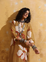 trueBrowns Mustard Rust Red Floral Print Muslin Silk Kurta Co-ord Set