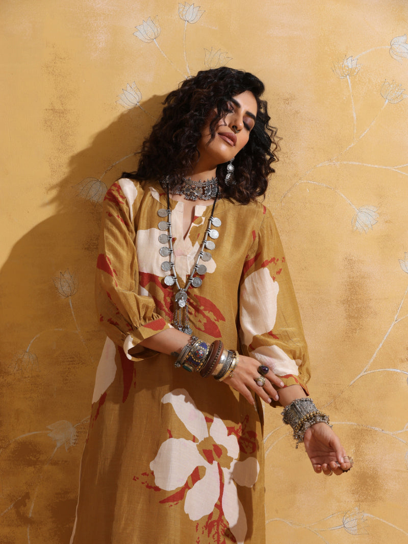 trueBrowns Mustard Rust Red Floral Print Muslin Silk Kurta Co-ord Set