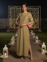 trueBrowns Green Velvet  Straight Maxi Dress