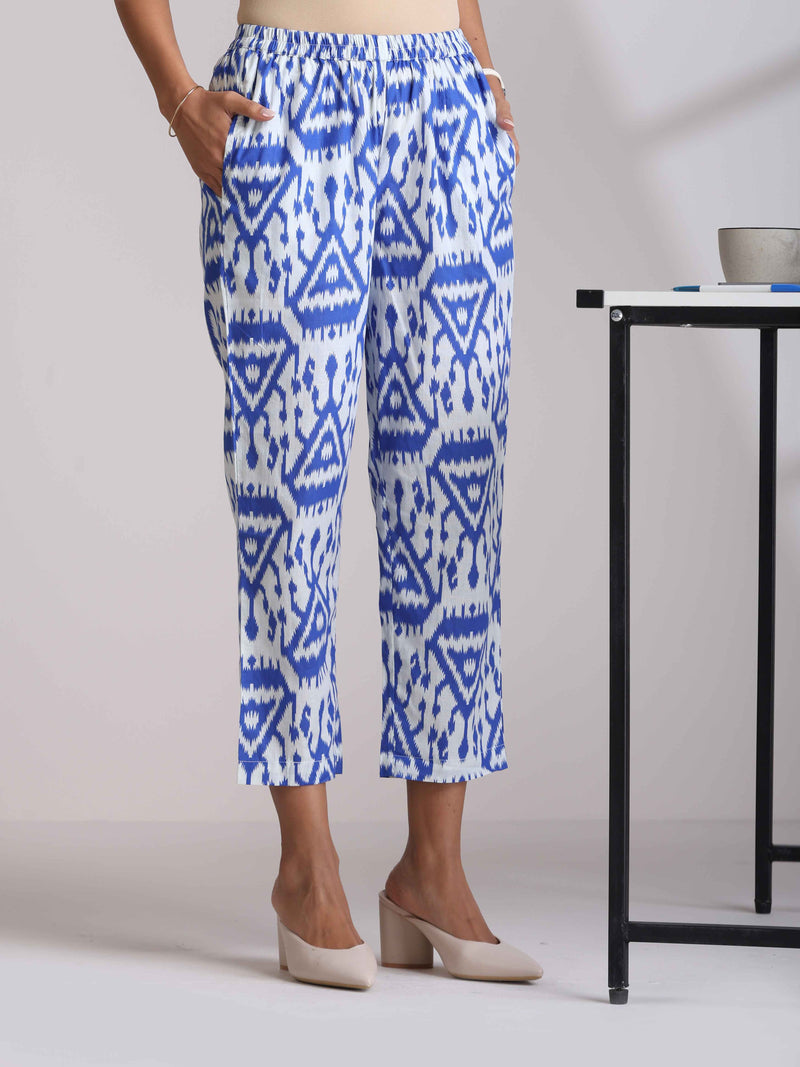 trueBrowns Blue Cotton Ikat High-Low Kurta Pant Set