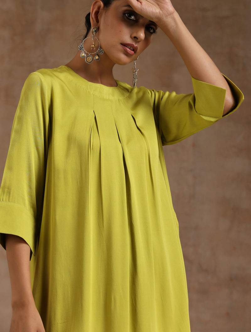 Lime Modal Satin Neck Pleat Kurta Set