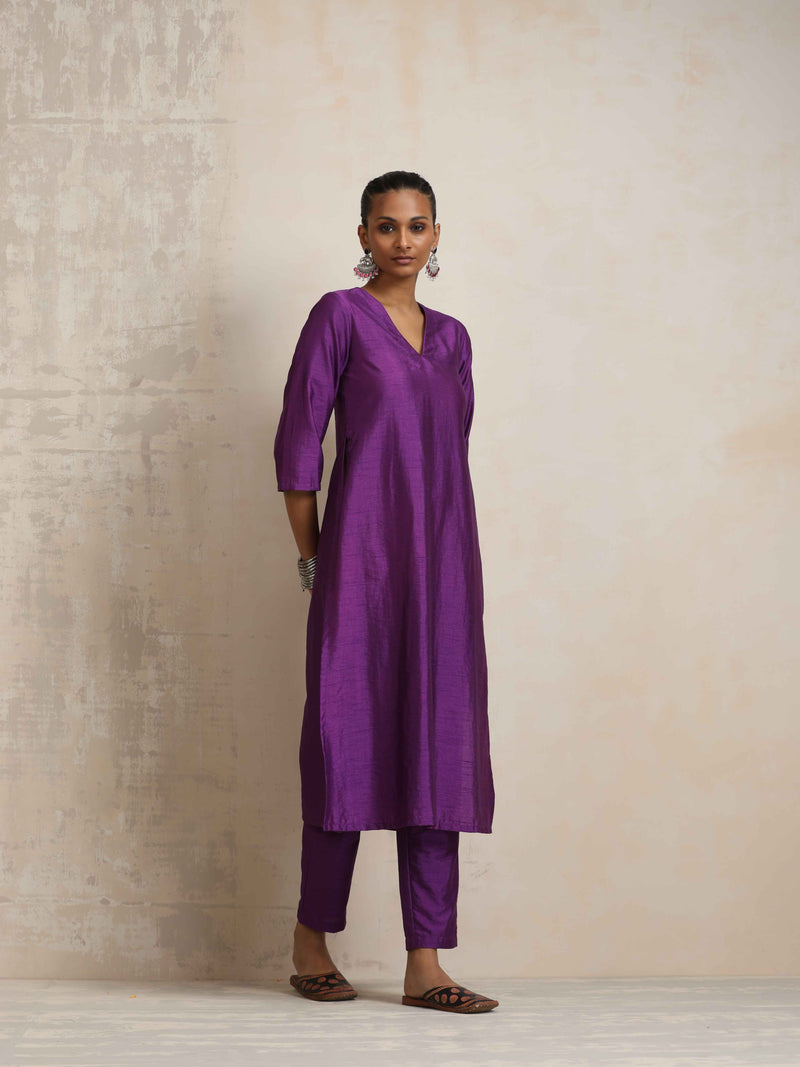 trueBrowns Purple Silk High Slit Kurta Set