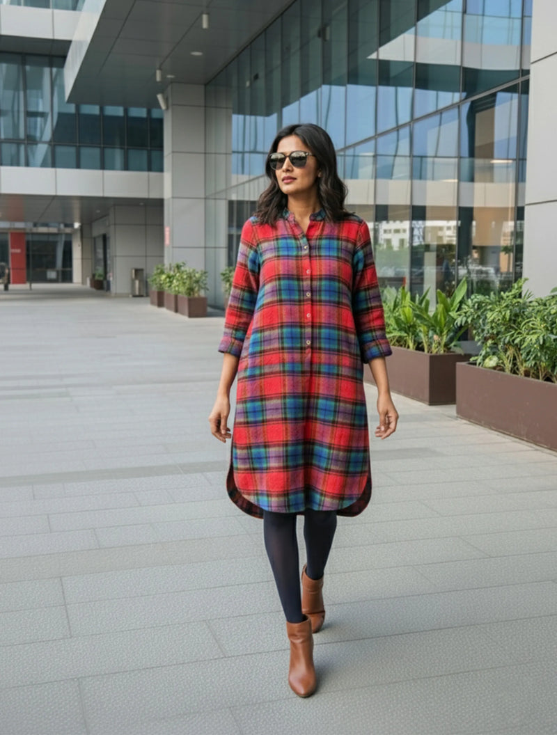 trueBrowns Red Check Shirt Kurta