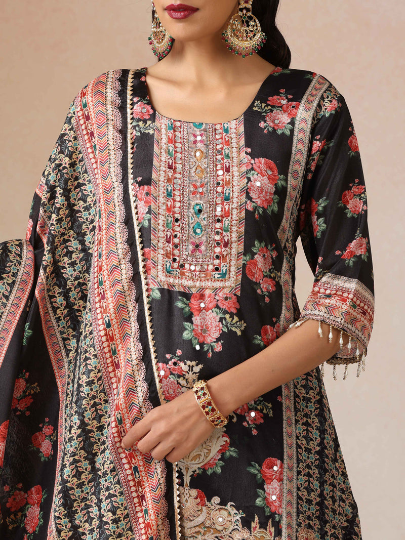 trueBrowns Black Print A-Line Kurta 3pc Set