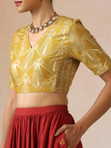 trueBrowns Mustard Gold Foil Print Muslin Silk Blouse Skirt Dupatta Set