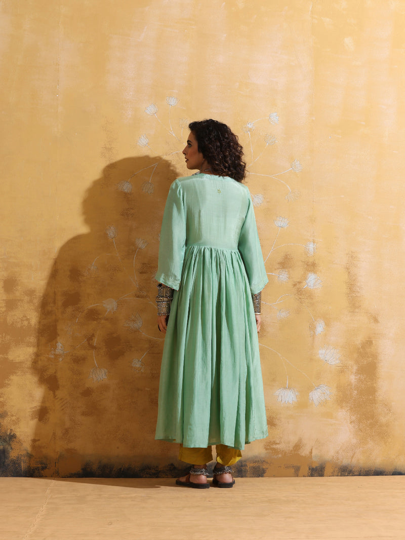 trueBrowns Mint Green Muslin Silk Anarkali Kurta Pant Set