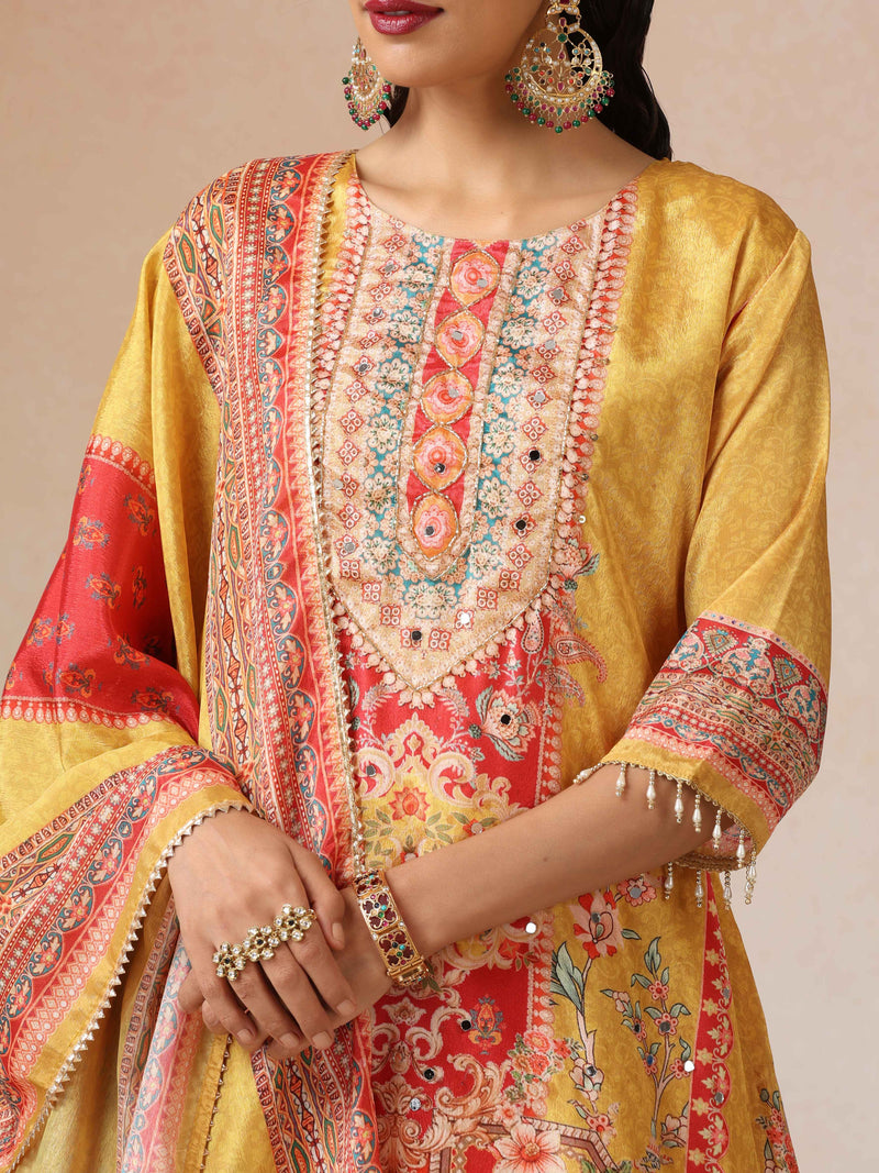 trueBrowns Yellow Print A-Line Kurta 3pc Set