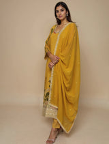 trueBrowns Mustard Floral Print Straight Kurta Pant Dupatta Set