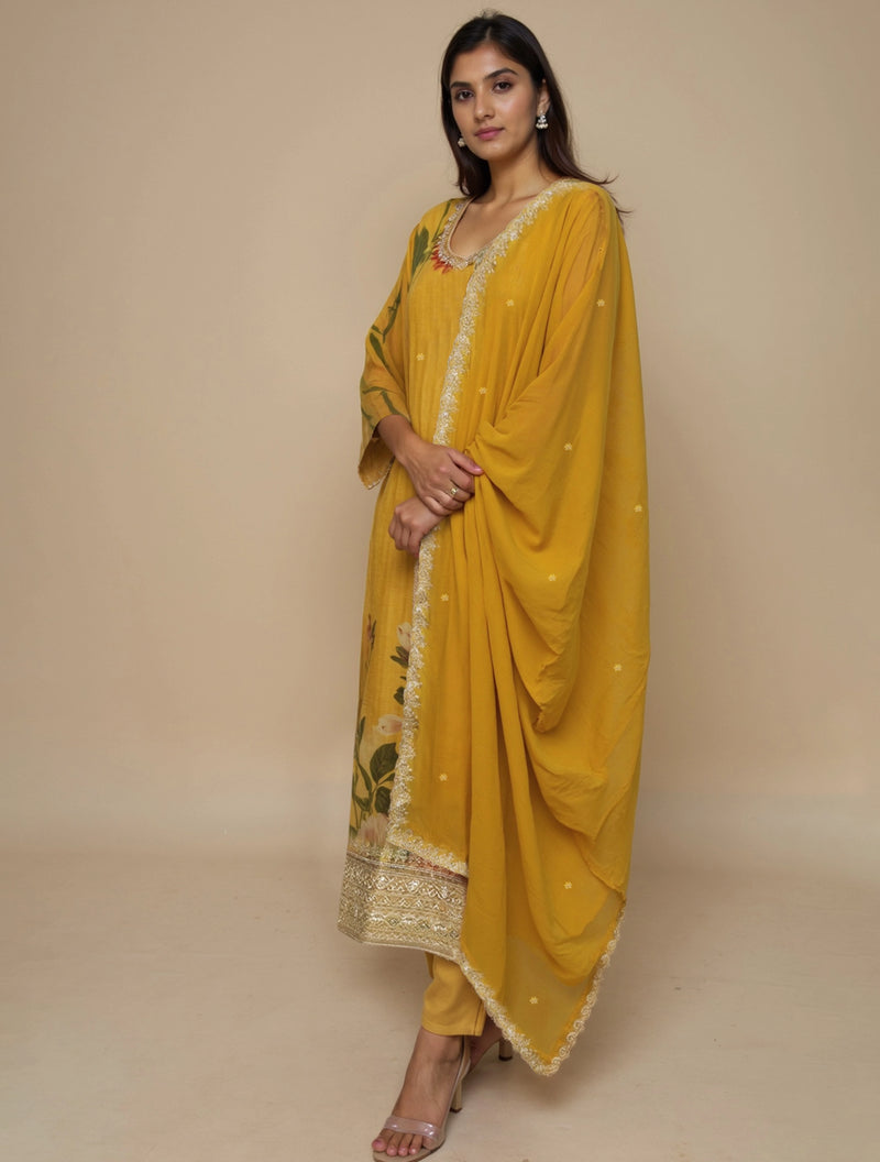 trueBrowns Mustard Floral Print Straight Kurta Pant Dupatta Set