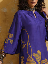 trueBrowns Purple Mustard Floral Print Muslin Silk High-Slit Kurta Set