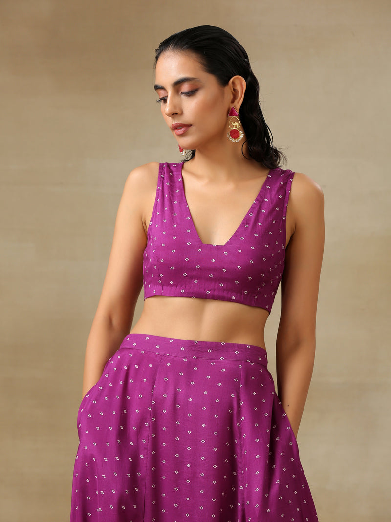 Purple Bandhani Printed Silk Top Skirt Jacket Set