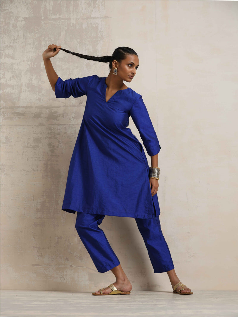 trueBrowns Blue Silk Kurta Co-ord Set