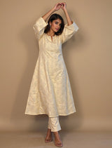 trueBrowns Ivory Brocade Straight High-Slit Kurta Set