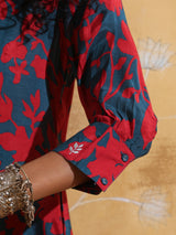 trueBrowns Red Teal Jaal Print  Muslin Silk A-Line Kurta Set